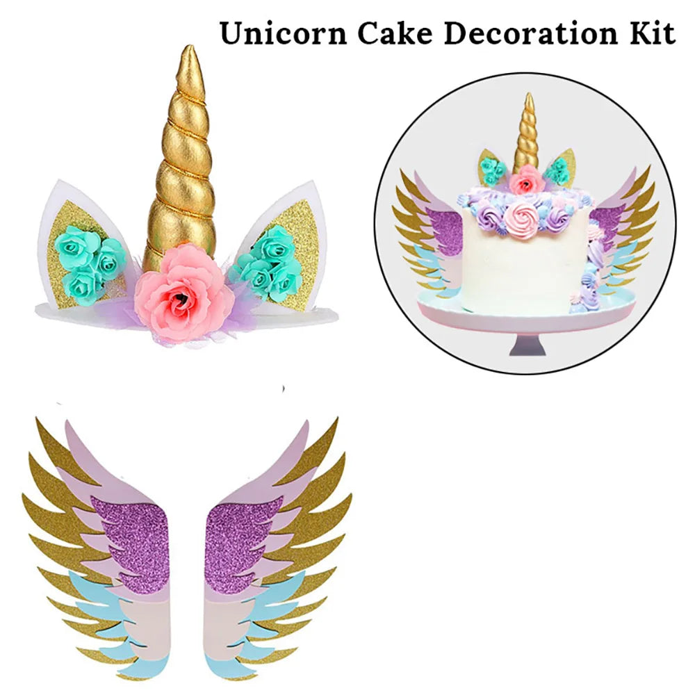 Unicorn Cake Toppers Rainbow Unicorn Horn Wings Girl Birthday Party DIY Decoration Cupcake Wrapper Unicorn Theme Party Supplies