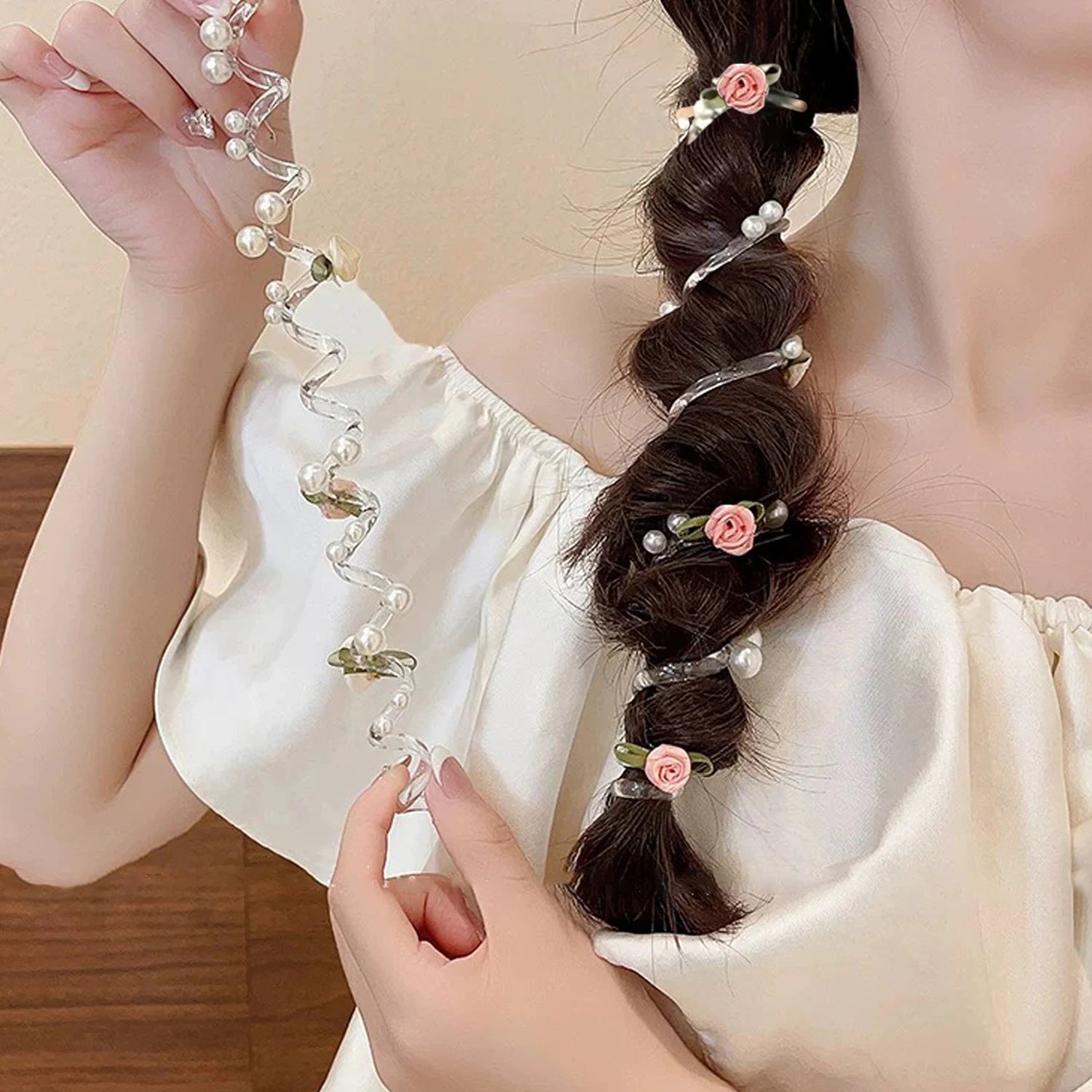 Rose Bead Telephone Line Headband Charming Tied Ponytail Braid Hair Rope Headband High Elasticity Rubber Band Pearl Headwears