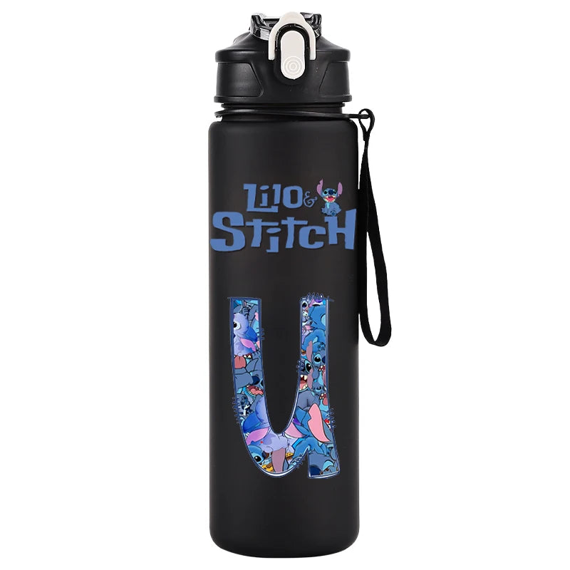 750ml Water Bottle Letter A-Z Printed Lilo Stitch Black Large Capacity Drinking Cup Portable Outdoor Sport Water Cup Kid Gifts