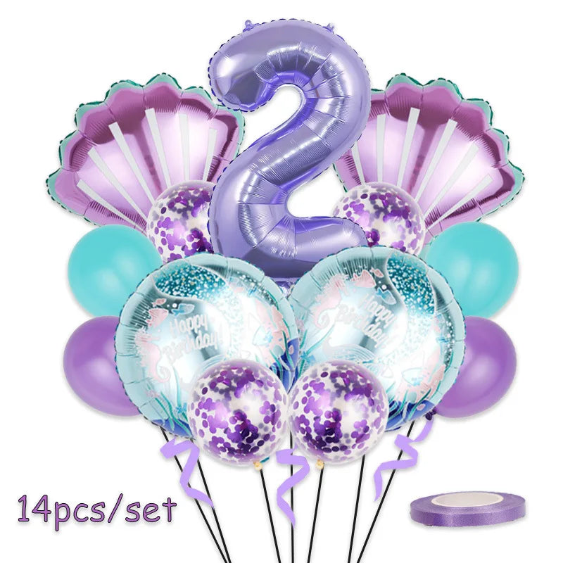 Mermaid Birthday Balloons Set 32inch Purple Number Shell Foil Ballon Girls Happy Little Mermaid 1st 2nd 3rd 4th Birthday Balloon