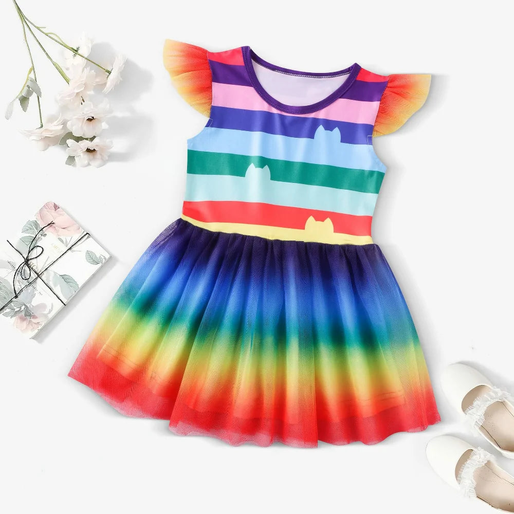 Gabby Cats Baby Girls Summer Gabby's Dollhouse Dress Rainbow stripe Kids Cosplay Princess Toddler Birthday Party Dresses+wig