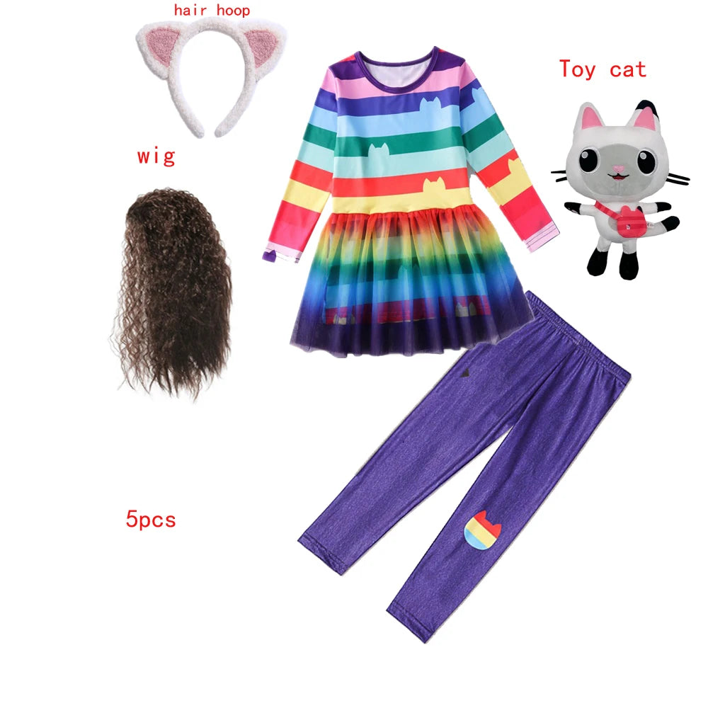 Gabby Cats Baby Girls Summer Gabby's Dollhouse Dress Rainbow stripe Kids Cosplay Princess Toddler Birthday Party Dresses+wig