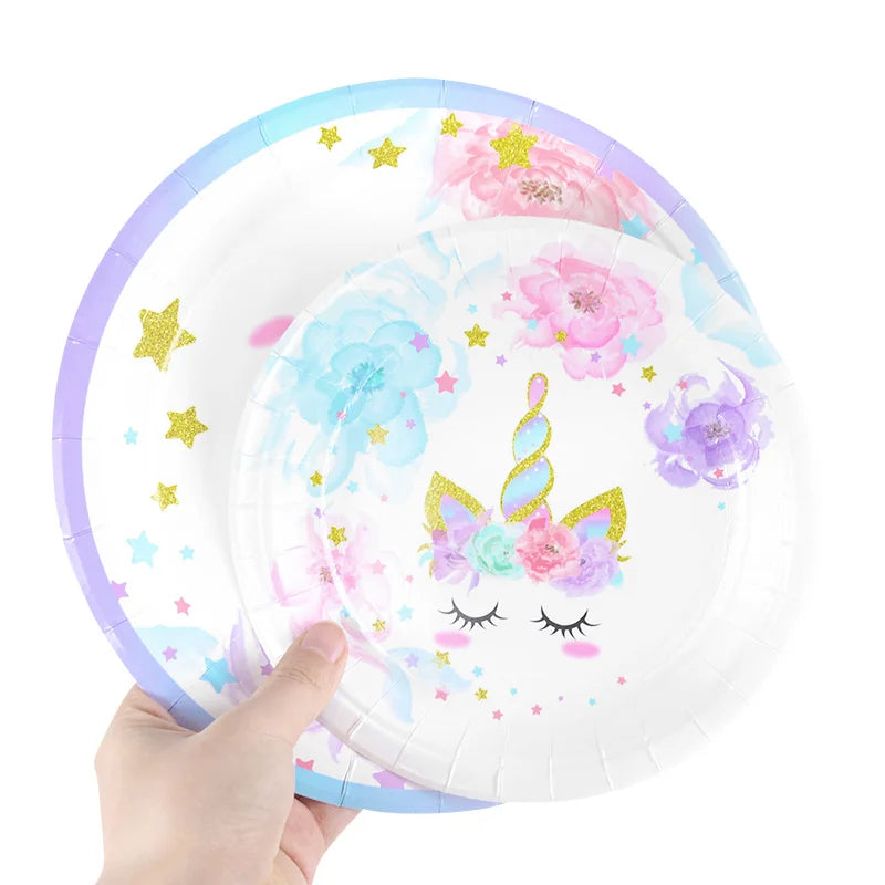 48Pcs/Set Unicorn Theme Birthday Disposable Tableware Set Paper Plates Napkins Cups Birthday Party Decoration Kids Favors Gift