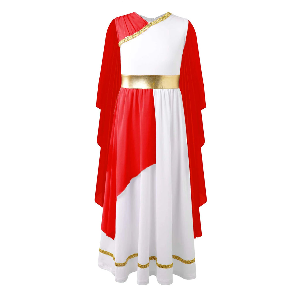 Kids Girls Ancient Greek Princess Toga Goddesses Costume Party Grecian Sleeveless Gown Dress Shawls Patchwork Flowy Tulle Dress