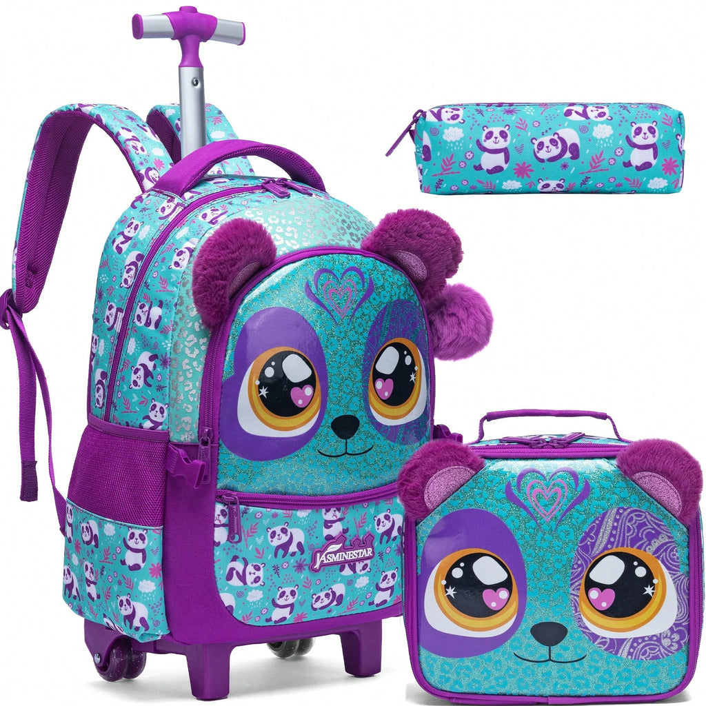 3PCS Cute Rolling Backpack for Girls Backpacks with Wheels for Elementary Students Kids 3 in 1 Travel Luggage Carry on Suitcase