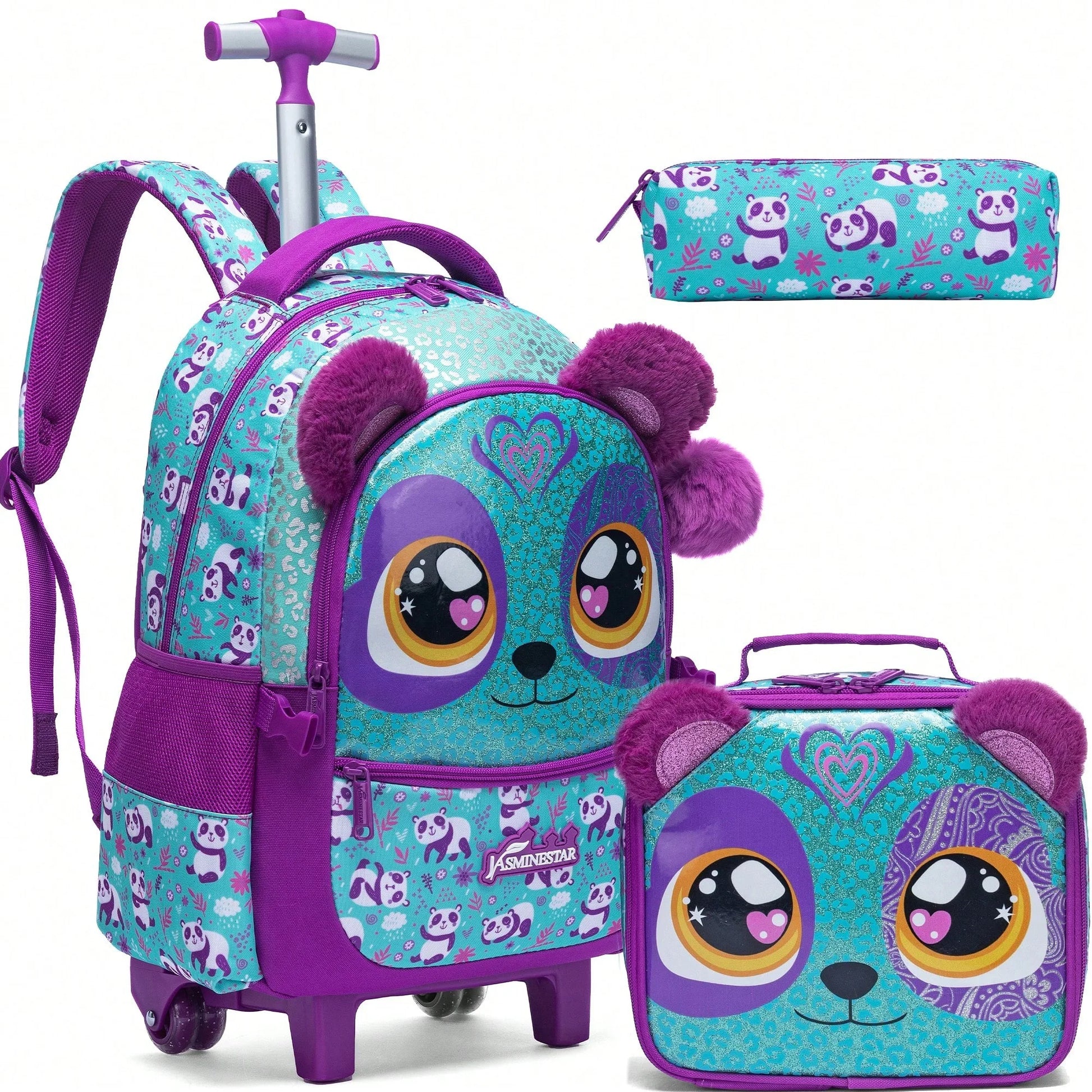 3PCS Cute Rolling Backpack for Girls Backpacks with Wheels for Elementary Students Kids 3 in 1 Travel Luggage Carry on Suitcase