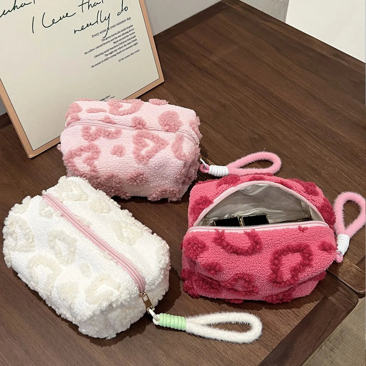 Plush Makeup Bags with Handle Soft Travel Cosmetic Storage Bag Portable Love Print Organizer Pencil Case Cute Clutch Pouch