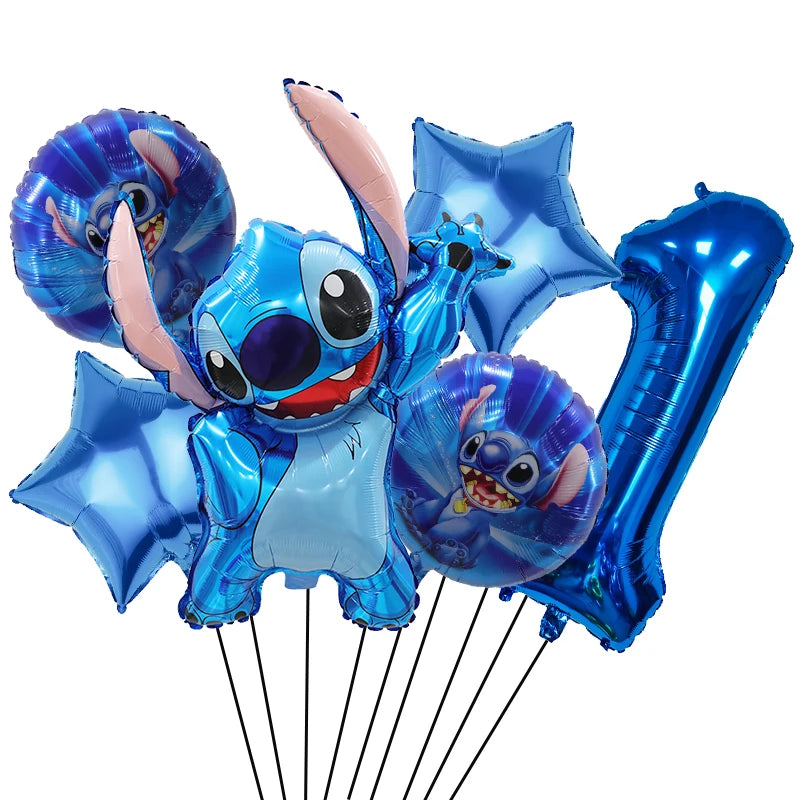 6 Pcs Blue Stitch Foil Balloons Set Digit 1-9 Years Old Balloons Cartoon Stitch Themed Baby Shower Kids Birhday Party Decoraions