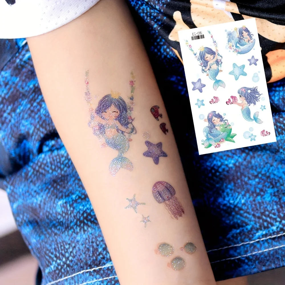 12 Sheets Glitter Mermaid Tattoo Stickers For Kids Cute Unicorn Temporary Tattoos Body Art Fake Tattoo Birthday Party Favors