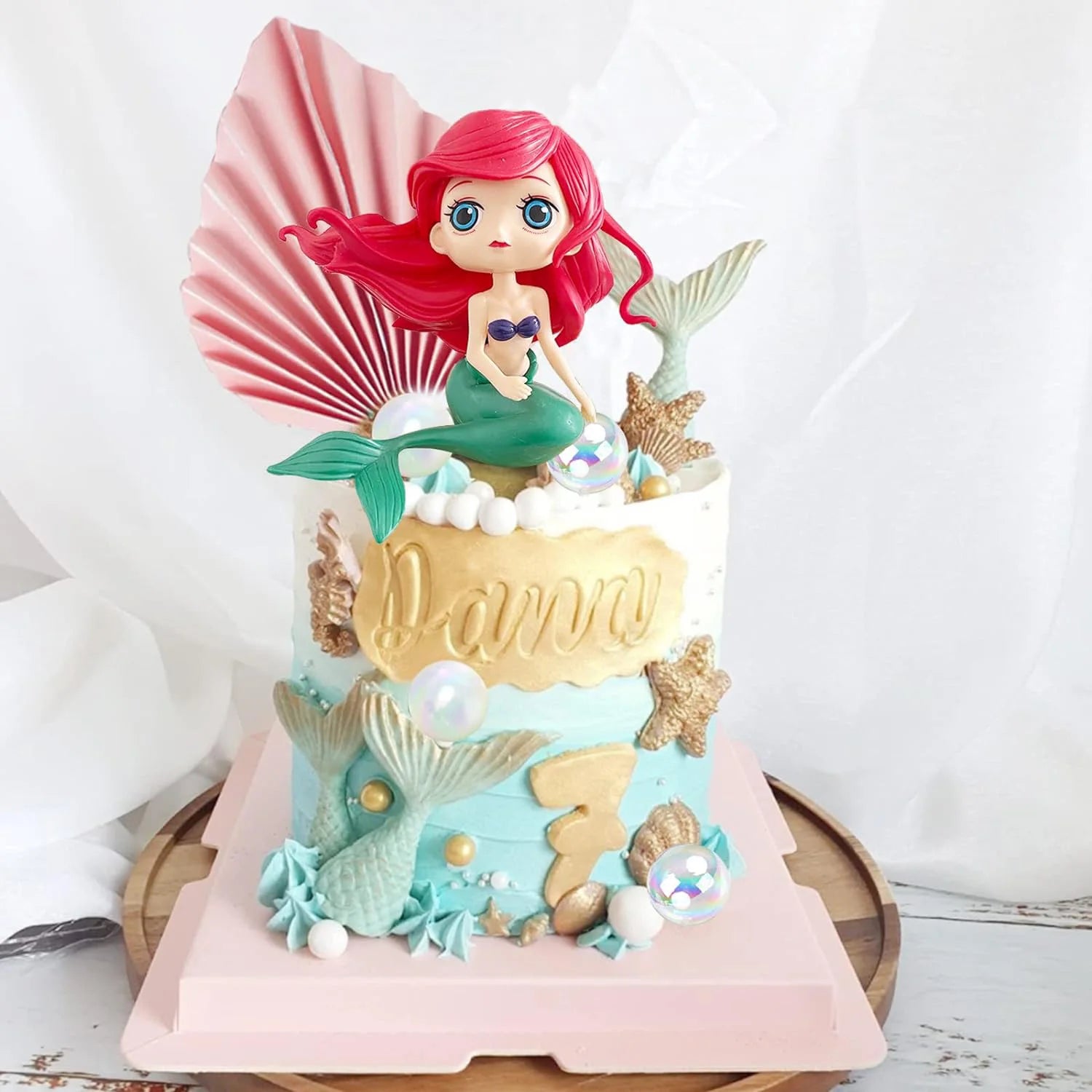 Mermaid Cake Topper Big Mermaid Tails Seaweed Bubbles Shells and Golden Ginkgo Leaves Cake Set for Mermaid Cake Decorations