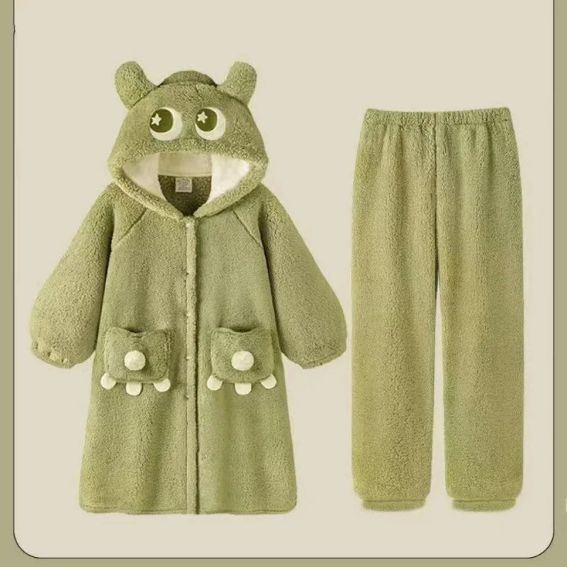 2024 New Lilo & Stitch Winter Thickened Plush Cosplay Cartoon Hooded Couple Pajamas Flannel Men & Women Loungewear Set