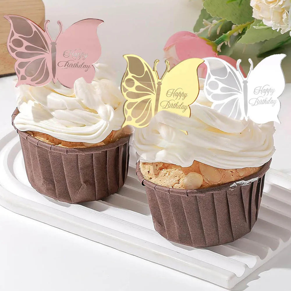 13pcs Pink Butterfly Cake Toppers Happy Birthday Cake Topper 3D Butterfly Decorations for Girls Shower Birthday Cake Decorations