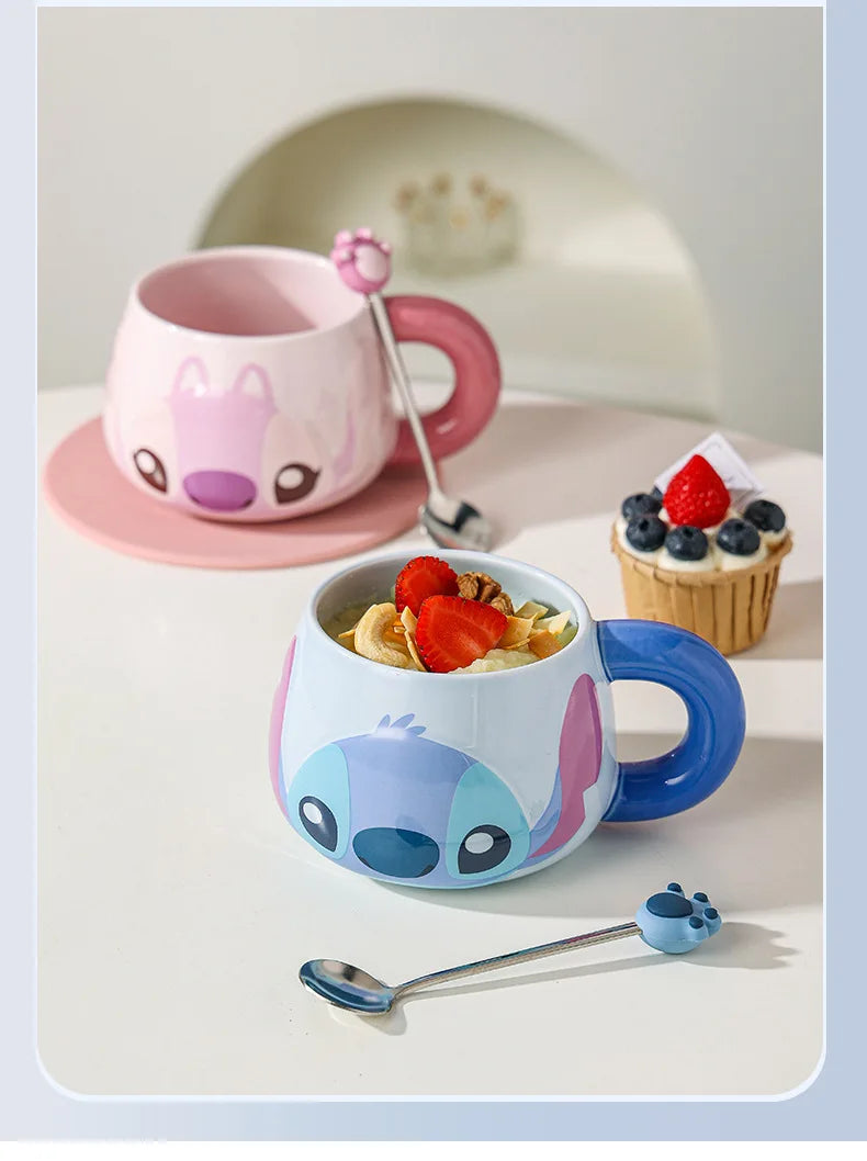 Kawaii Stitch Angel Mug Gift Box Cartoon Spoon Ceramic Cup Coffee Cup Large Capacity 500Ml Handle Water Cup Birthday Gift