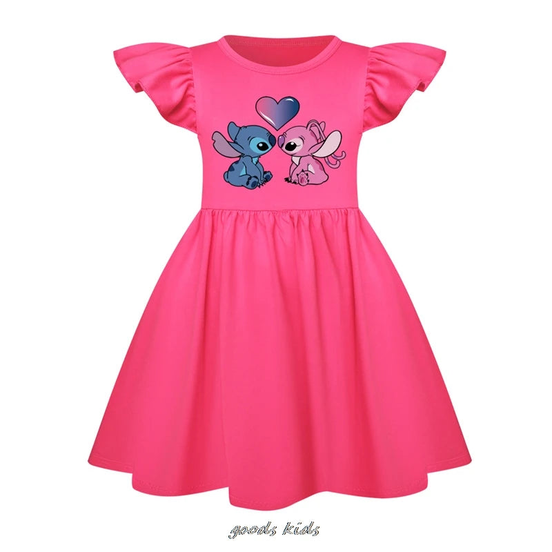 Hot Lilo And Stitch Children's Dress Set Cartoon Cute Girl Dress Flying Sleeve Toddler Dress And Small Bag Birthday Gift