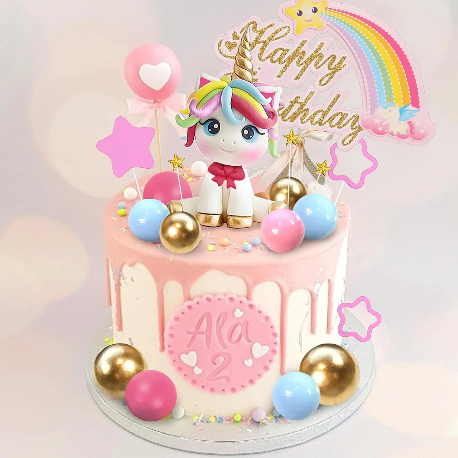 Unicorn Cake Topper Rainbow Cake Decorations with Stars Unicorn Balls Happy Birthday Cake Decorations for Ages Baby Shower
