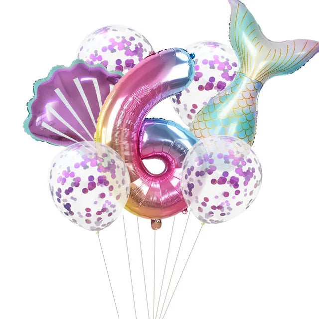 7 Pcs Little Mermaid Shell Balloons 32inch Number Foil Balloon Kids Birthday Party Decoration Supplies Baby Shower Decor Globos