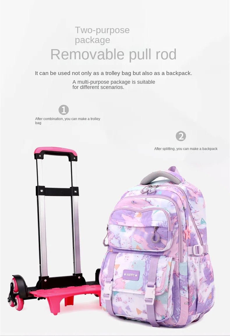 Kids School Backpack with Wheels Rolling Backpack for Girls Student Wheeled Backpack Trolley School Bag Travel Trolley Luggage
