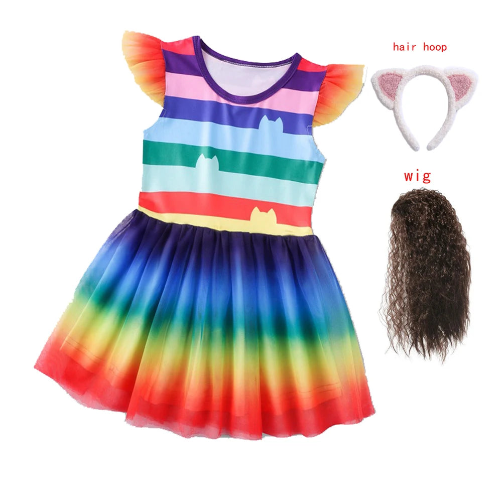 Gabby Cats Baby Girls Summer Gabby's Dollhouse Dress Rainbow stripe Kids Cosplay Princess Toddler Birthday Party Dresses+wig
