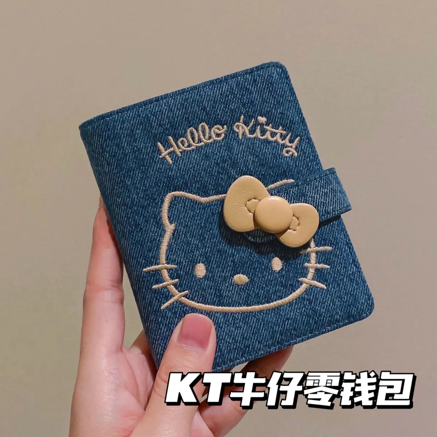 Cute Hello Kitty Denim Mini Portable Bag Cartoon Anime Embroidery Coin Card Passport Holder