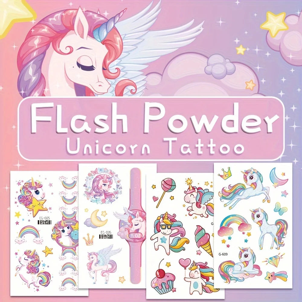 12 Sheets Glitter Unicorn Temporary Tattoos for Girls,Birthday Favors, Rainbow Unicorn Party Decor Supplies