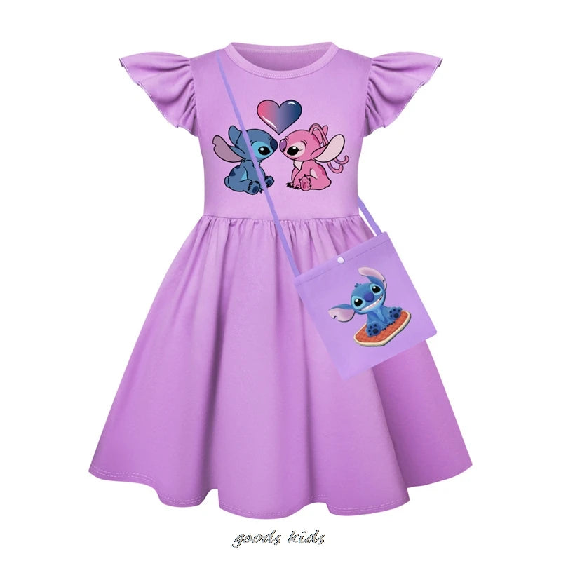 Hot Lilo And Stitch Children's Dress Set Cartoon Cute Girl Dress Flying Sleeve Toddler Dress And Small Bag Birthday Gift