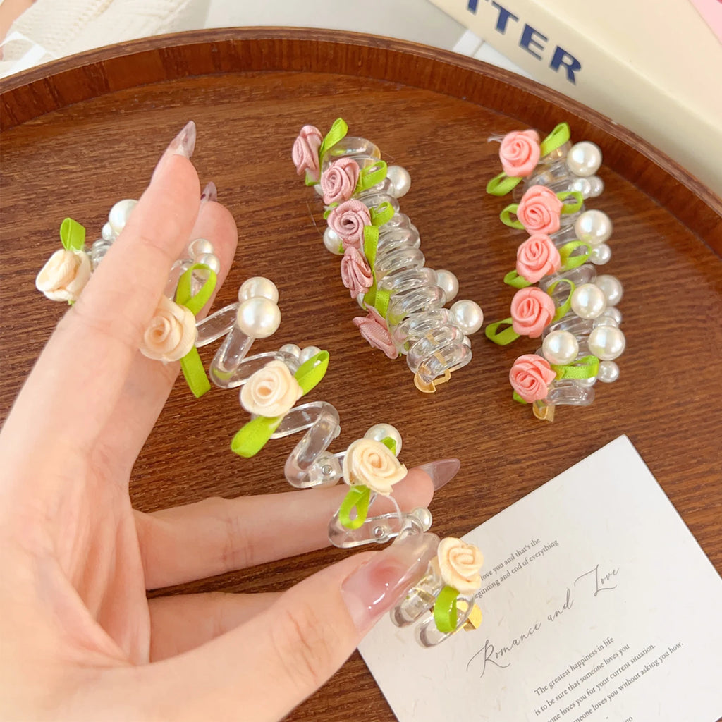 Rose Bead Telephone Line Headband Charming Tied Ponytail Braid Hair Rope Headband High Elasticity Rubber Band Pearl Headwears