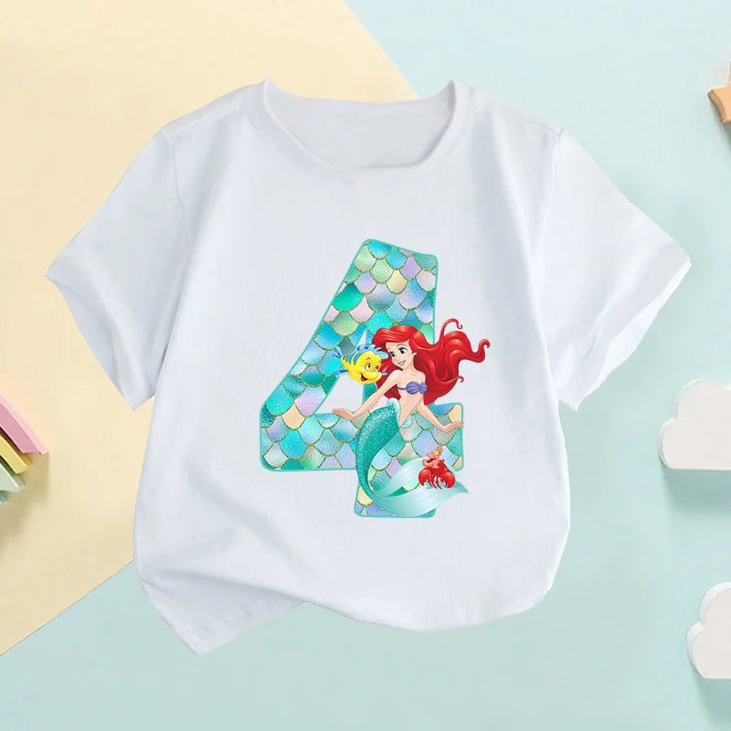 The Little Mermaid Ariel Princess Number Print Girls Clothes 1 2 3 4 5 6 7 8 9 Years Birthday Kids T shirt Baby T-Shirt,HKP2697