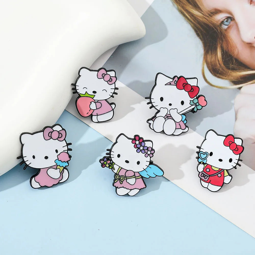 5 Pcs Cute cartoon Soft Cute kt Cat Brooch Sanrio Metal Badge Cute Cat Alloy Drop Oil Pin accessory