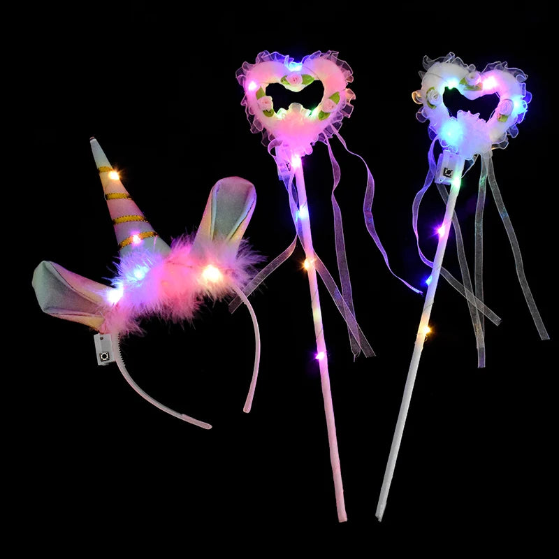 LED Colour Angel Feather Wings Girls Unicorn Halo Headband Fairy Stick Luminous Prop Cosplay Party Costume Glowing Accessories
