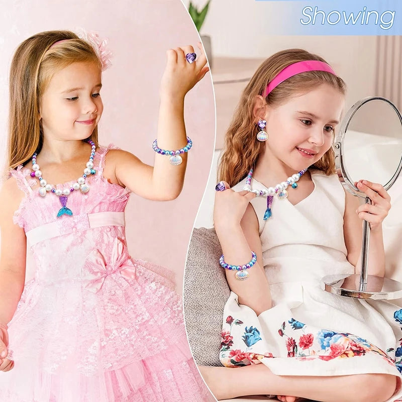 5Pcs/set Girl Princess Mermaid Shell Charm Necklace Bracelet Jewelry Set for Daughter Niece Children Favor Birthday Party Favor
