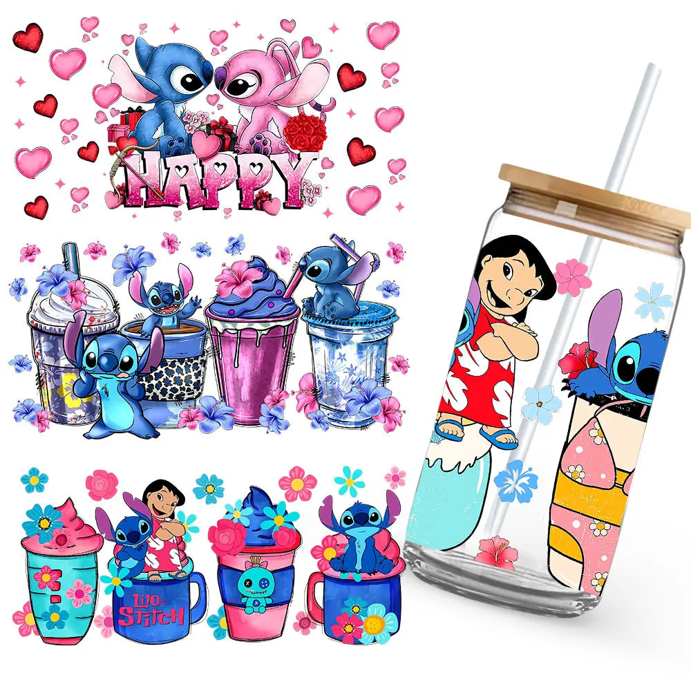 Stitch Love Cartoon Anime Stickers Romantic UV DTF Transfer Sticker Self-Adhesive Individualized Cup Adornments