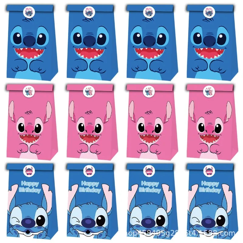 12Pcs Stitch Theme Gift Bag Stitch Animation Pattern Birthday Party Candy Gift Kraft Paper Bag Birthday Gift Box Bag Stickers