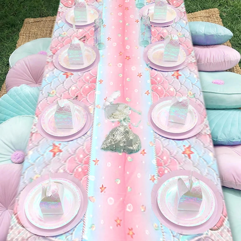 Mermaid Iridescence Plastic Tablecloths,Mermaid Laser Table Cloths for Girls Birthday Wedding Disco Mermaid Themed Party Decor