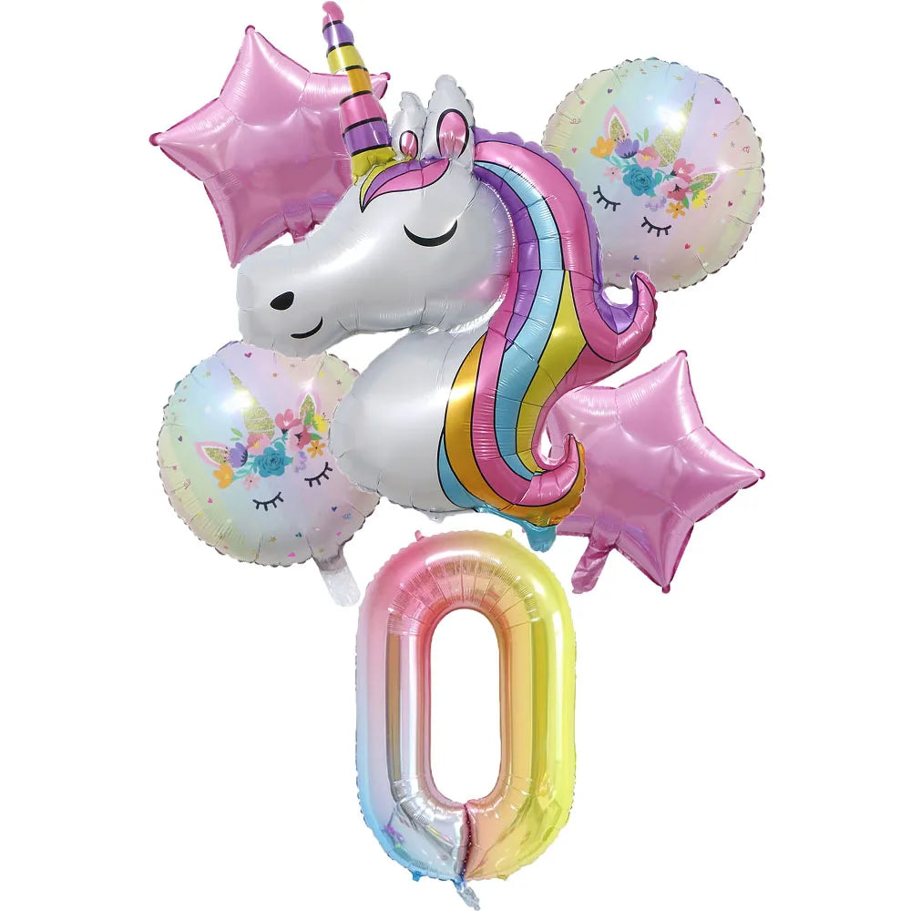6pcs Rainbow Unicorn Balloon 32 Inch Number Foil Balloons 1st Kids Unicorn Theme Birthday Party Decorations Baby Shower Globos