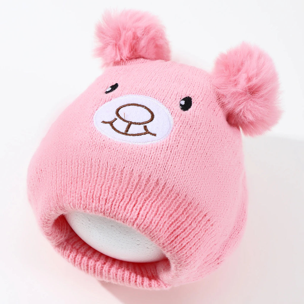 Cute Bear Beanie Cap for Baby Boy Girl Cartoon Pompom Warm Knitted Hat Neck Cover Autumn Winter Toddler Ear Protection Caps
