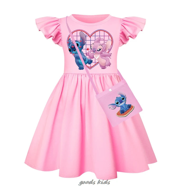 Hot Lilo And Stitch Fly Sleeve Baby Girl Dress And Bag Kids Cosplay Costume Children's Birthday Party Princess Dress Outfits
