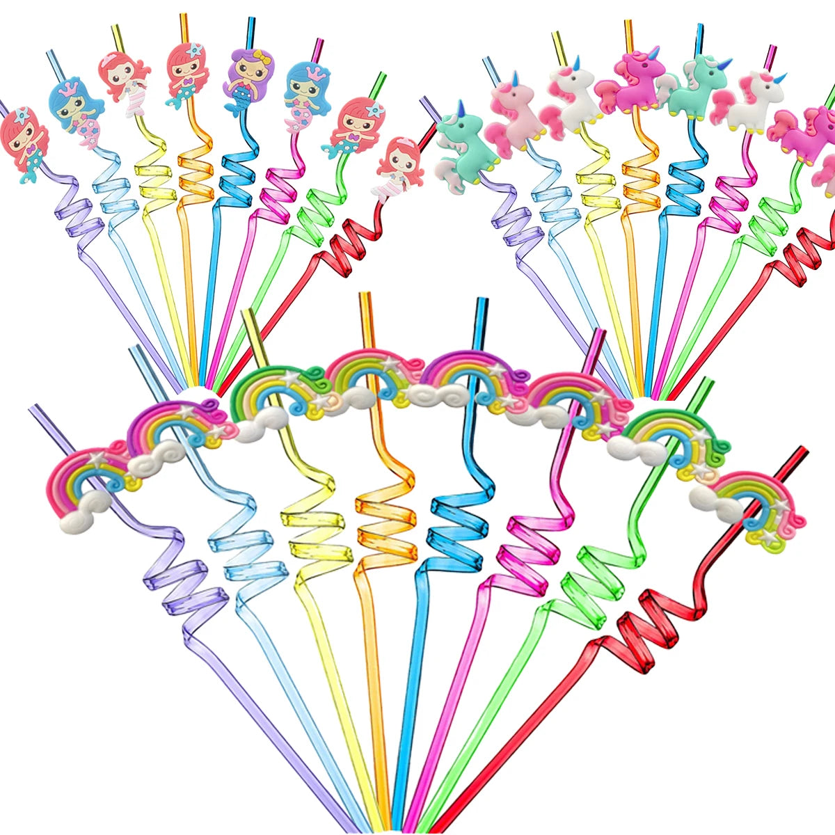 8-24PCS Curly Colored Reusable Children's Straws, Mermaid, Rainbow, Little Mary Straws For Princess Birthday Party Decorations