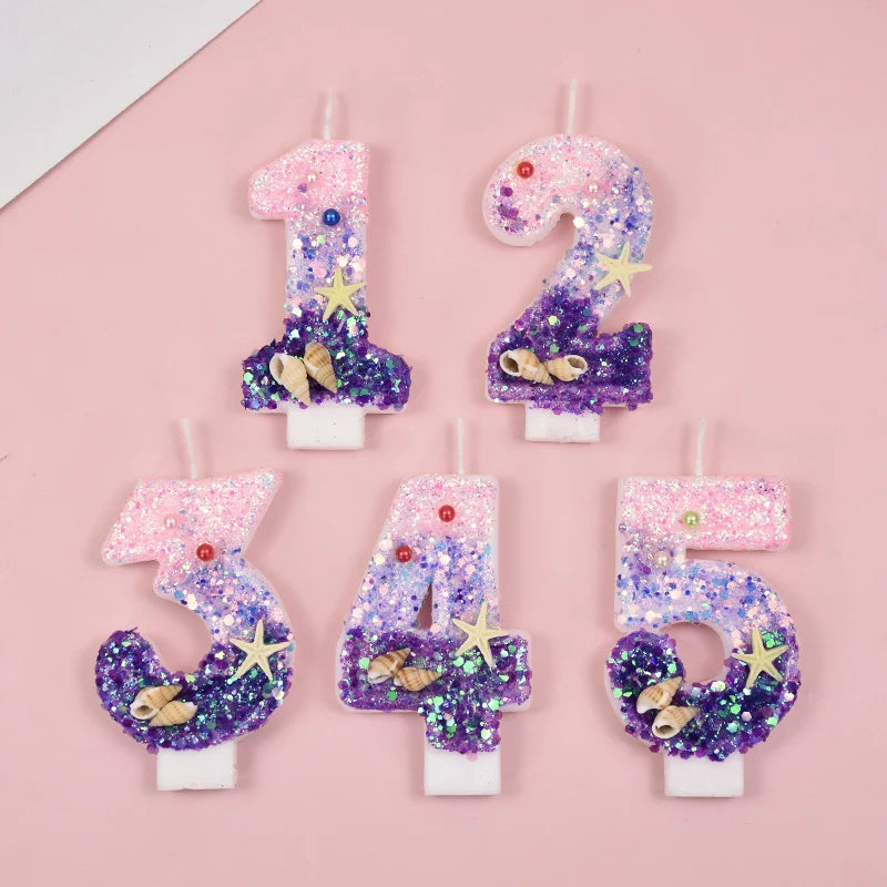 Mermaid Cake Candle Pink Purple 0-9Numbers Cake Topper Girl Little Mermaid Birthday Party Cake Decoration Supplies Under the sea