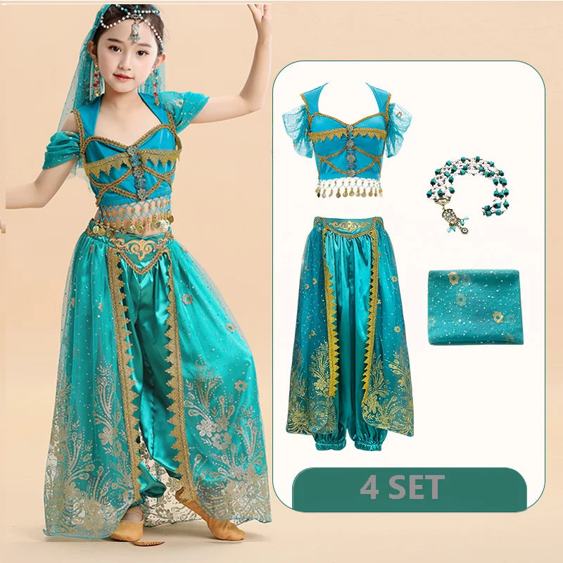  Kids India Princess Belly Dance Set Oriental Indian Dance Sari Girl Performance Costume Bollywood Children Stage Outfit
