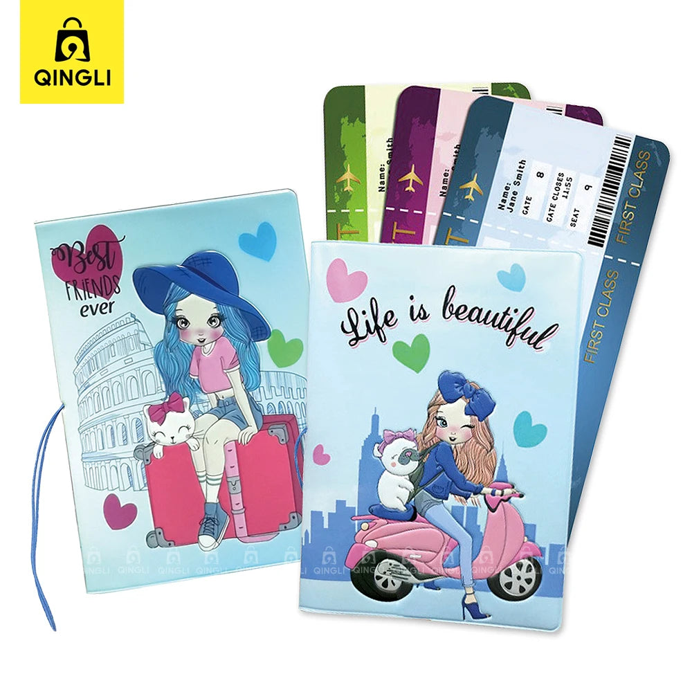 New Cute Travel Passport Cover Creative Relief Pattern Passport Holder Girl Anti-lost Telescopic Rope Protective Passport Case