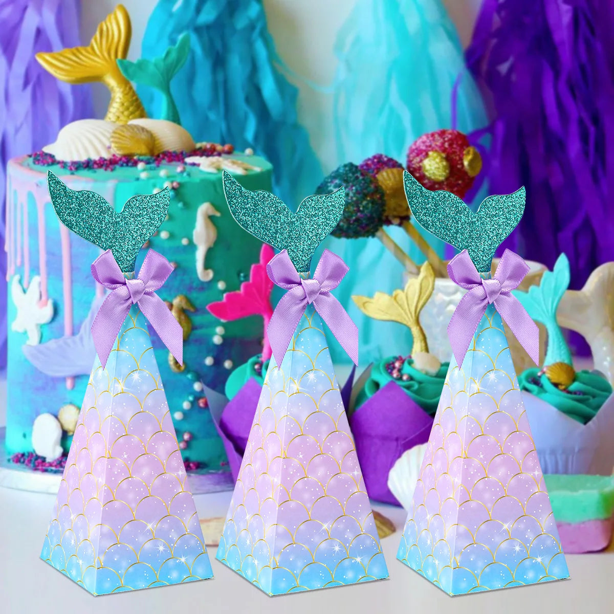50PCMermaid Tail Candy Box Festival Gift Packaging Paper Bag Popcorn Boxes Kids Little Favors Mermaid Birthday Party Decorations