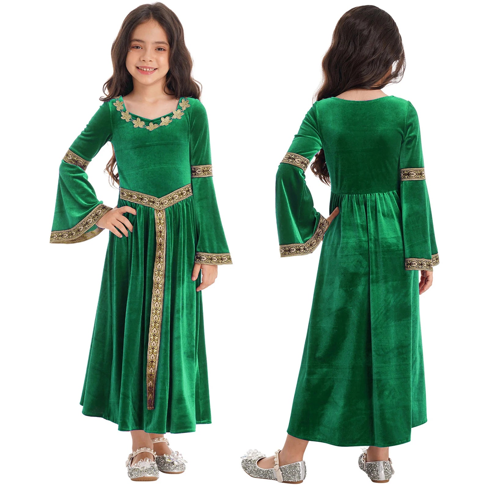 Kids Girls Medieval Renaissance Princess Costume Velvet Long Flare Sleeve Vintage Dress Gown Carnival Party Cosplay Dress Up