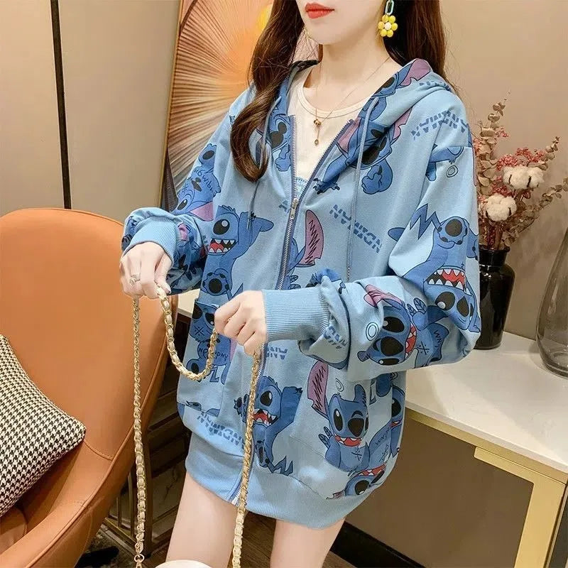 New Lilo and Stitch Hooded Sweatshirt Kawaii Women's Loose Top Thin Design Anime Printed Accessories Cartoon Cardigan Jacket