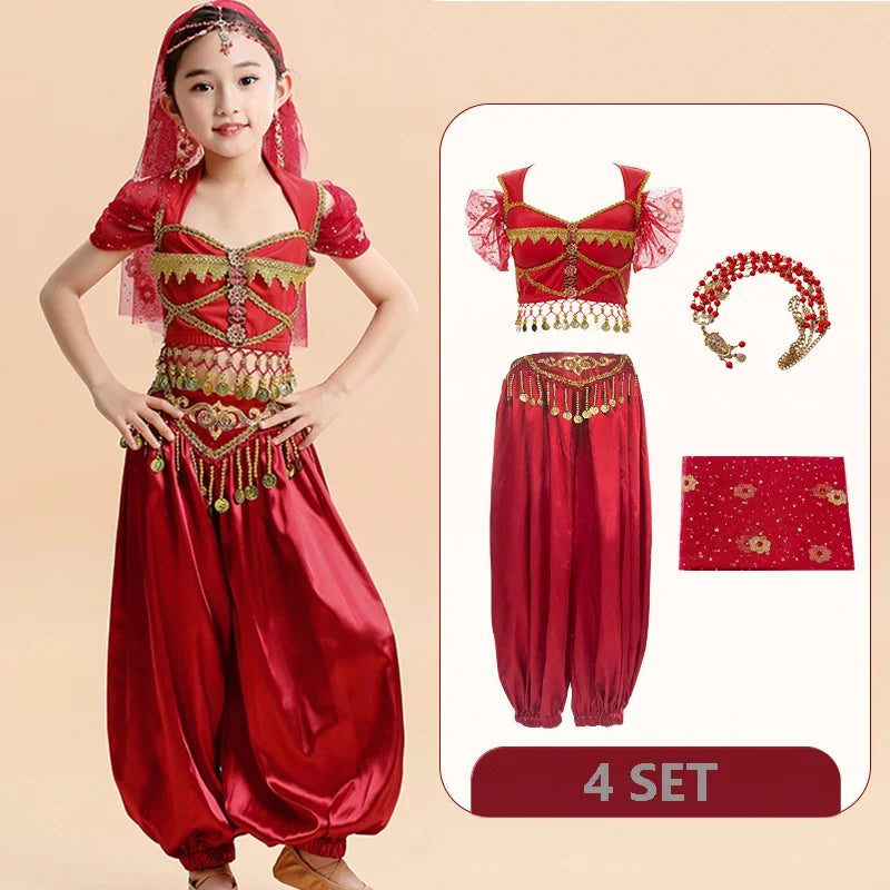  Kids India Princess Belly Dance Set Oriental Indian Dance Sari Girl Performance Costume Bollywood Children Stage Outfit
