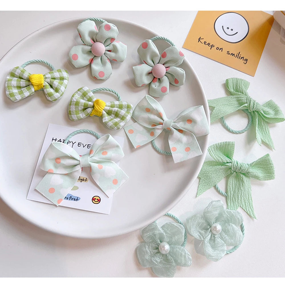 10pcs Cute Flower Hair Ties Set Kids High Elastic Mixed Cloth Plaid Bow Charms Hair Loop For Toddler Girls Princess Headwear
