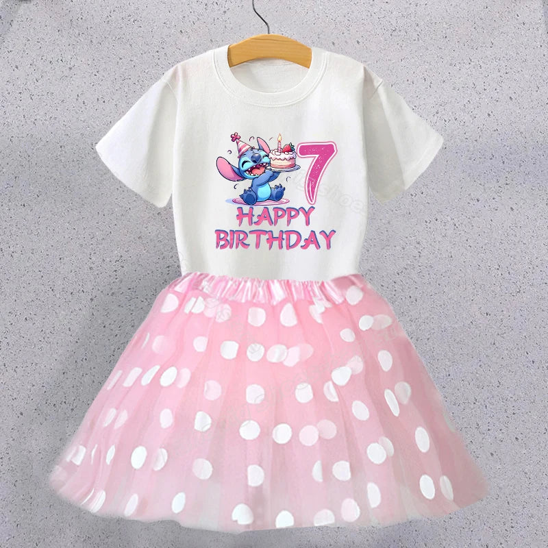 Lilo Stitch Birthday T Shirt Girl Clothes Set Cute Number Printed Tees+skirt Kid Clothing Outfit Polka Dot Skirts Tops 2pcs Suit