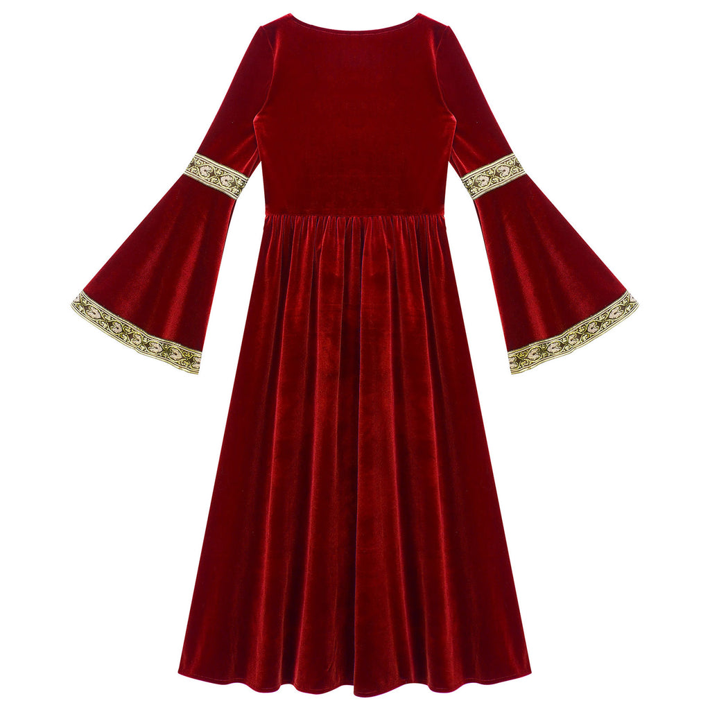 Kids Girls Medieval Renaissance Princess Costume Velvet Long Flare Sleeve Vintage Dress Gown Carnival Party Cosplay Dress Up