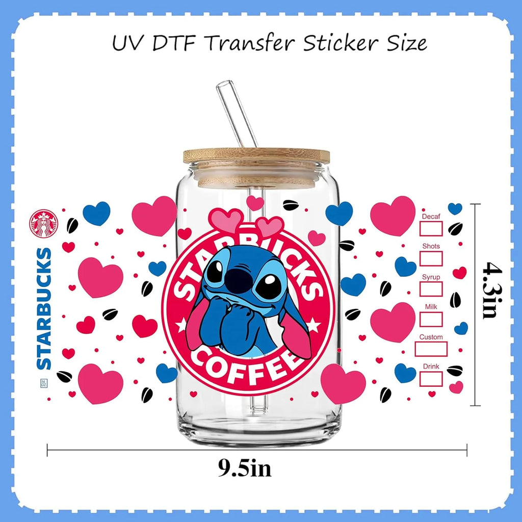 Miniso Stitch 16oz UV DTF Cup Wrap Cartoon Transfers Libbey Wrap Tumbler DIY Logo Sticker Glass Can Selfadhesive Waterproof