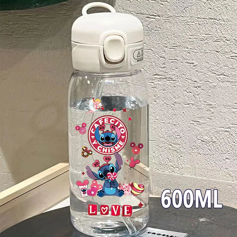 Lilo&Stitch 560/600/400ML Water Cup Children Portable Plastic Transparent Straw Stitch Outdoor Large Capacity Sport Water Bottle