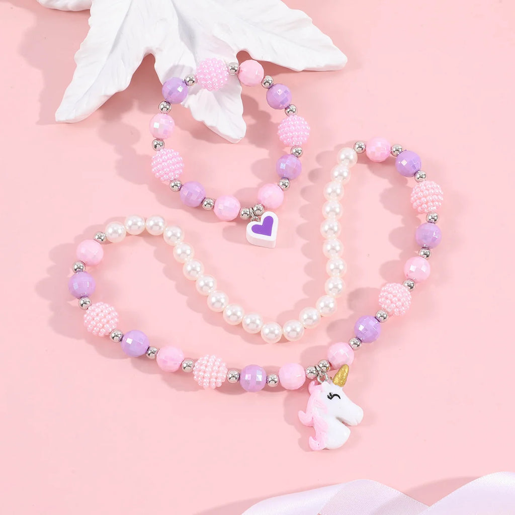 Cute Unicorn Pendant Necklace for Girls Heart Beads Necklace for Children Fashion Jewelry Accessories Birthday Gift